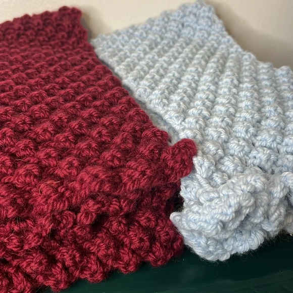 Pair Handmade Knit Wool Blend Vintage Blue & Burgundy Popcorn Rectangle Scarves - Picture 2 of 5